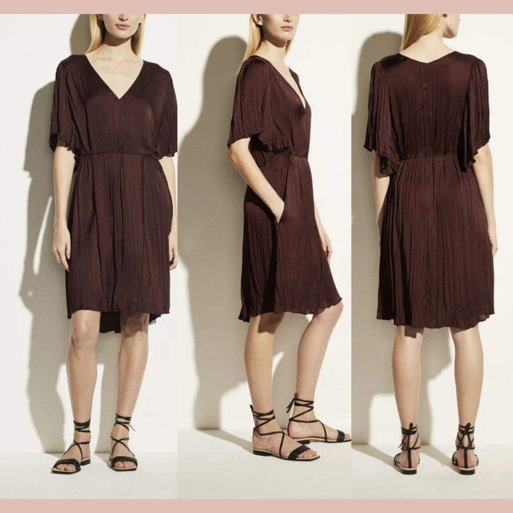 NEW $365 VINCE [ XL ] Crushed Belted Flutter Sleeve V-Neck Oxblood Dress U1709‎